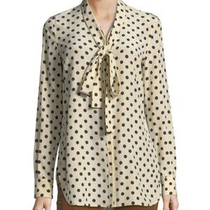 Burberry London Polka-Dot Tie-Neck Lemon 100% Silk Long Sleeve Blouse